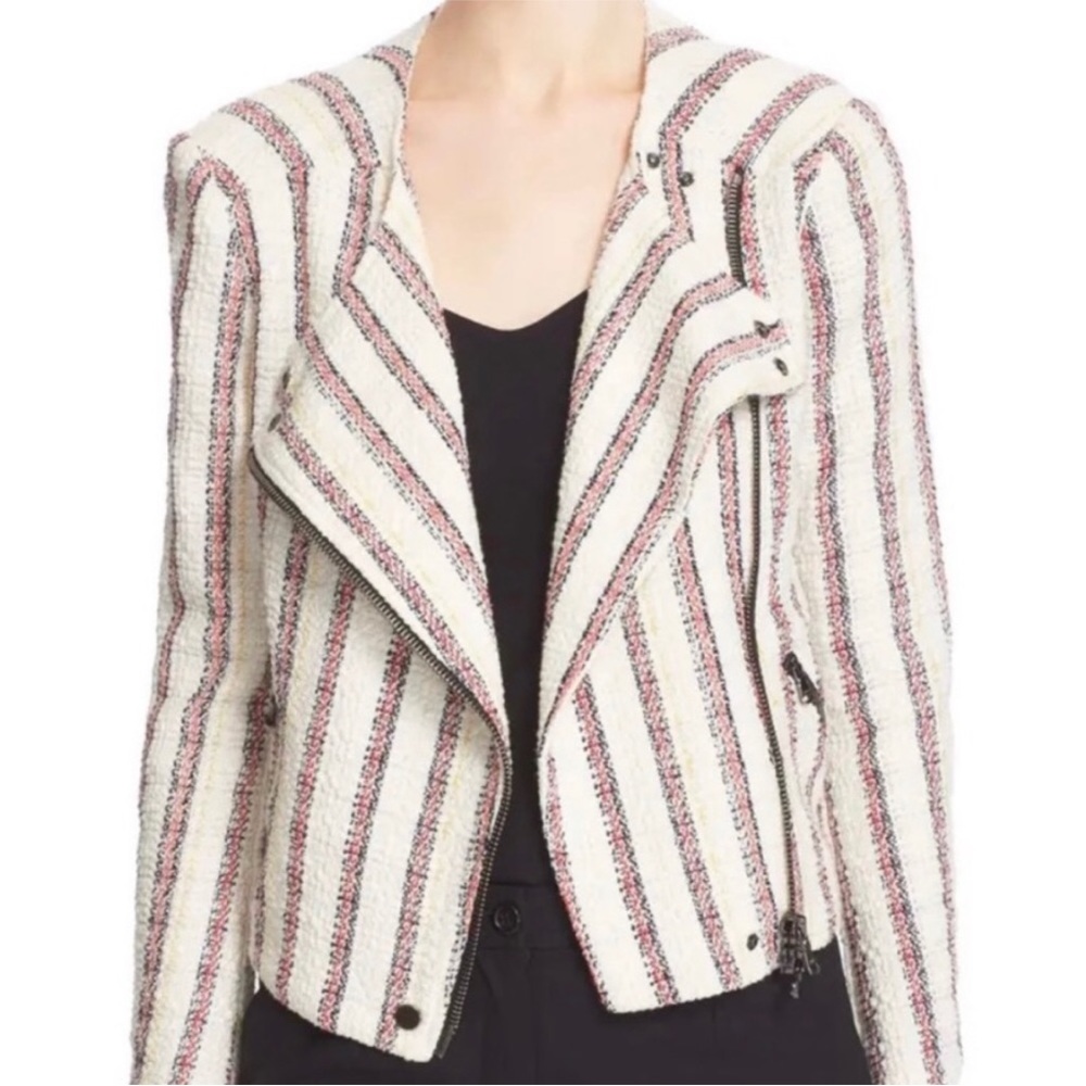 Veronica Beard red And White tweed moto asymmetric blazer zip up Jacket Sz 0